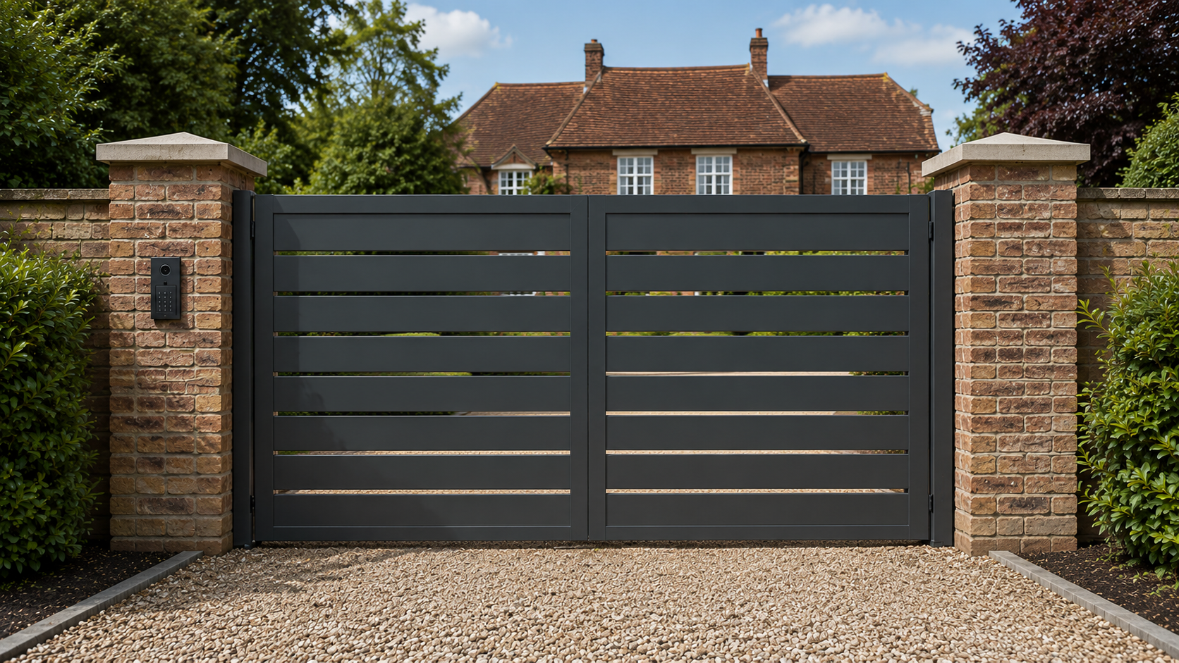 Dark gray driveway gate between brick pillars in front of a brick house