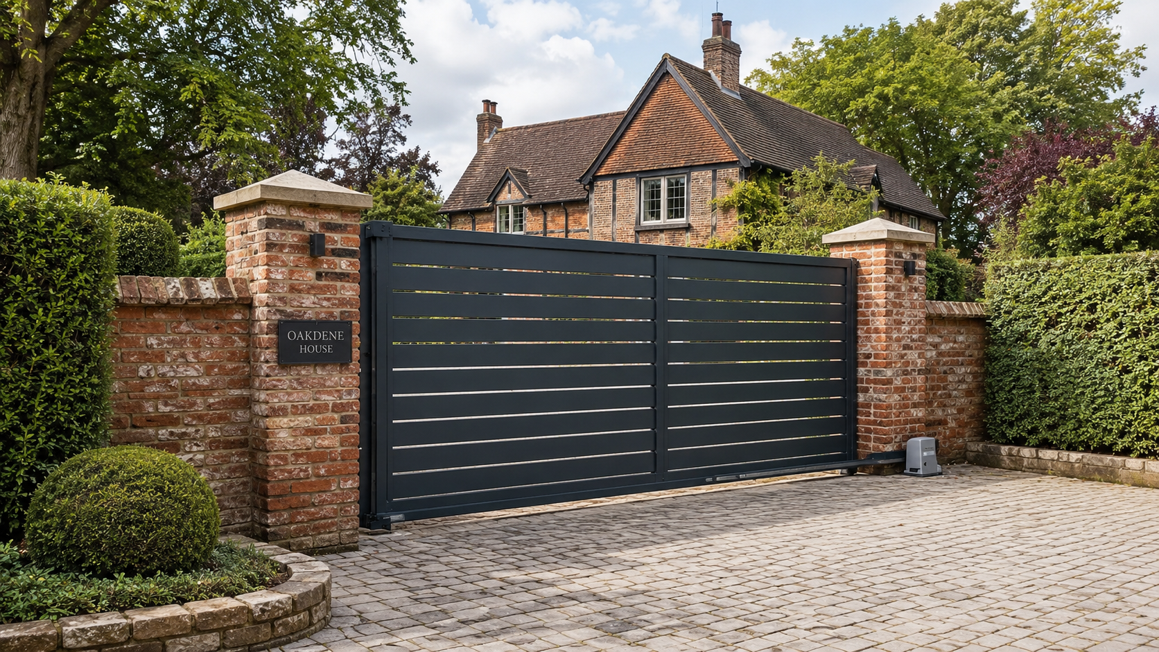 Modern gray metal driveway gate in front of a house, with slatted panels and stone pillars