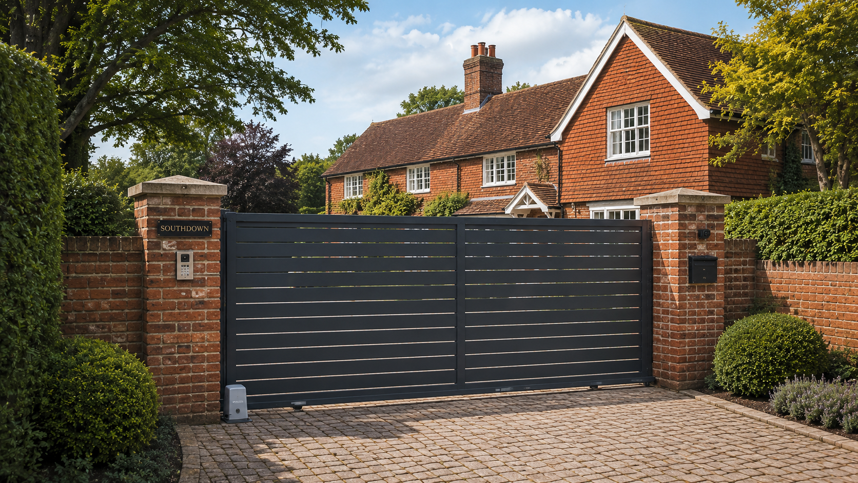 Brick house with red roof behind a black metal driveway gate and brick pillars.
