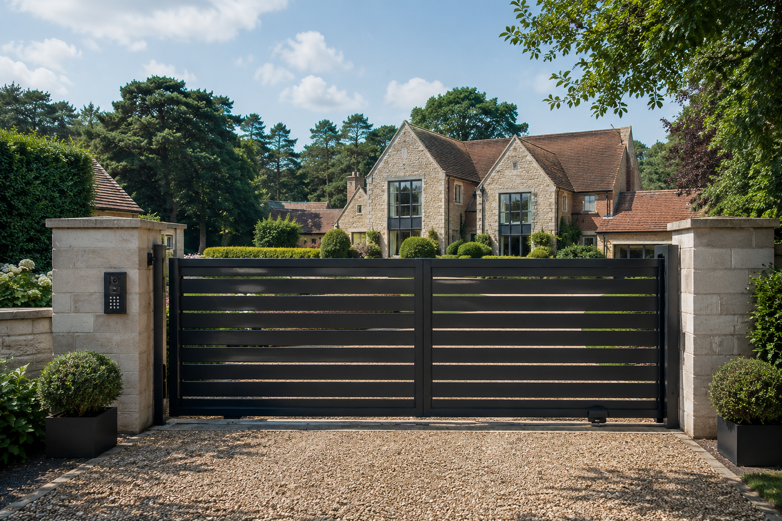 Black sliding gate at a stone-walled driveway in front of a large house and manicured garden.