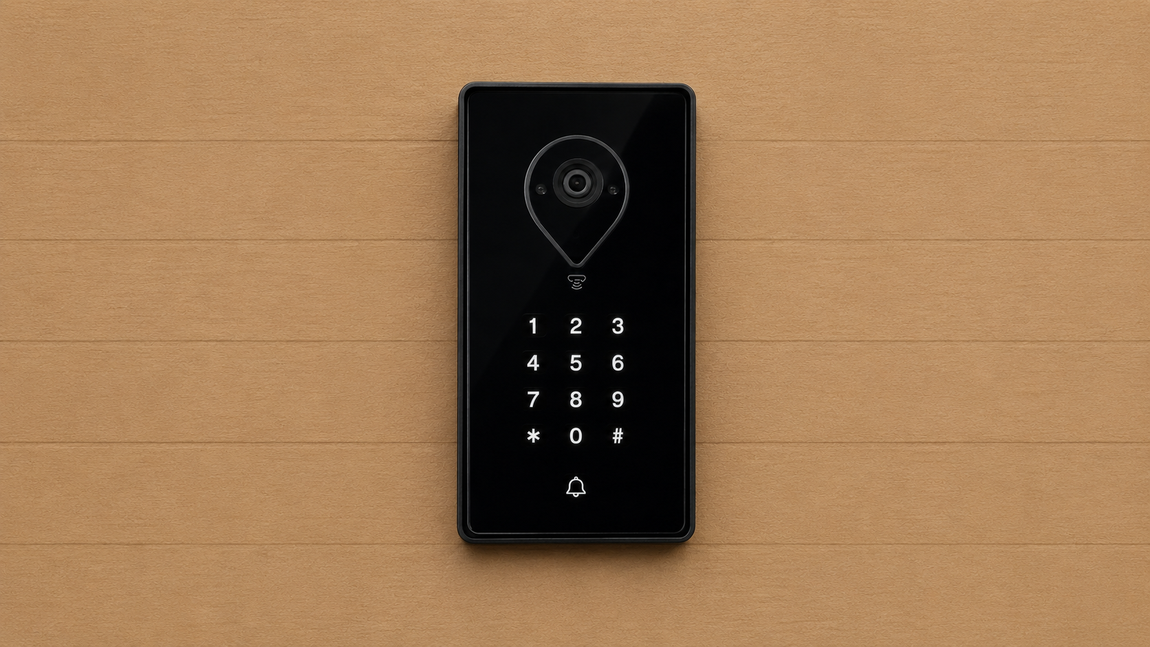 Black wall-mounted keypad on a tan wall, with a glowing circular indicator near the top.