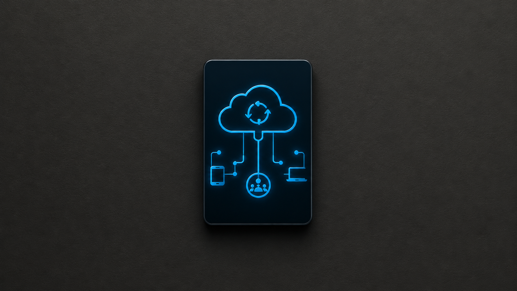 Blue cloud network icon glowing on a dark rectangular panel against a black background