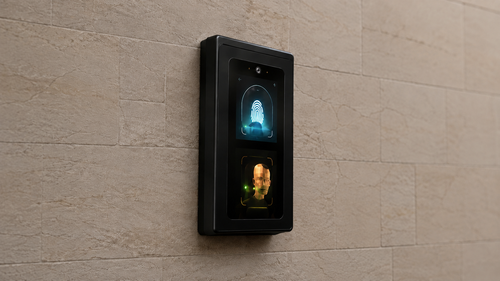 Black wall-mounted display with two glowing icons on a beige tiled wall