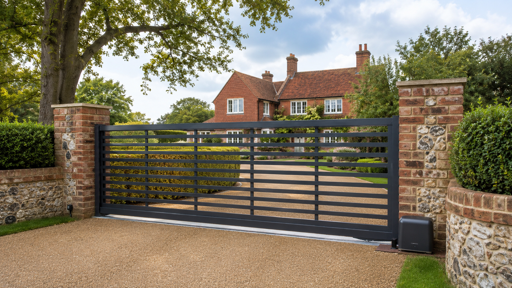 Black metal driveway gate in front of a brick house with trees and stone walls