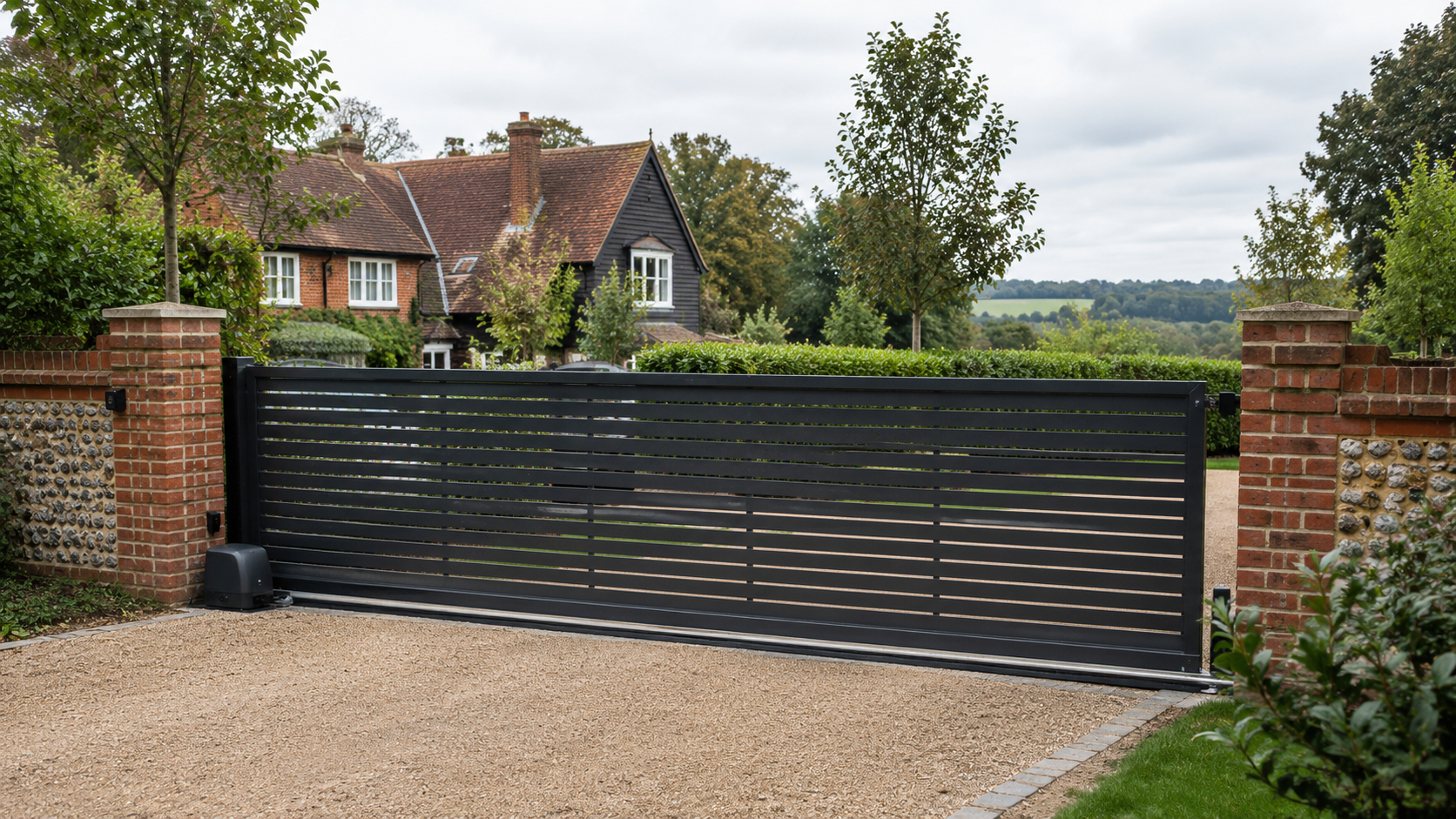 Black sliding driveway gate between brick pillars at a countryside house with trees behind