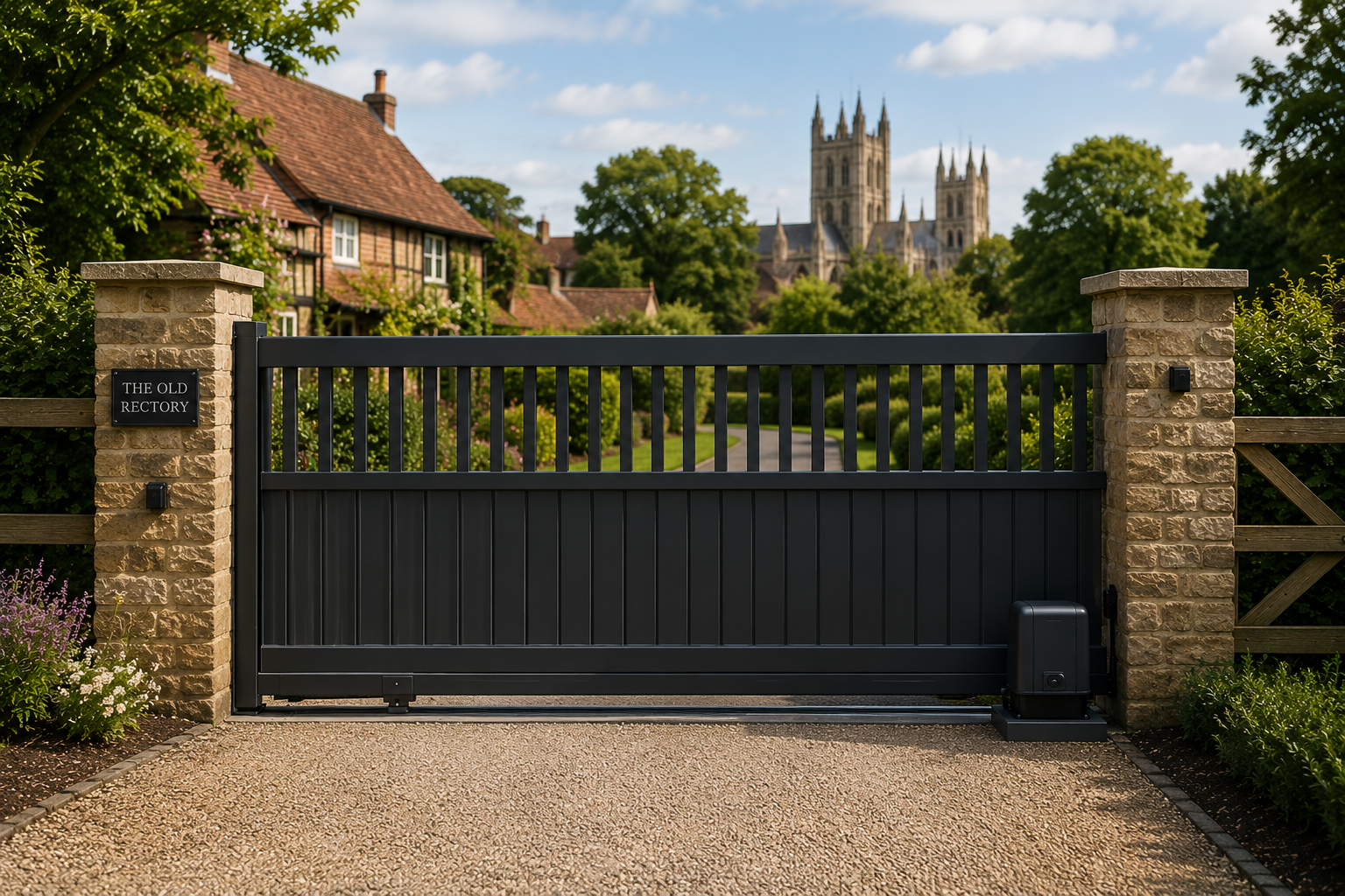 Black gated driveway with stone pillars and a distant cathedral beyond a garden hedge