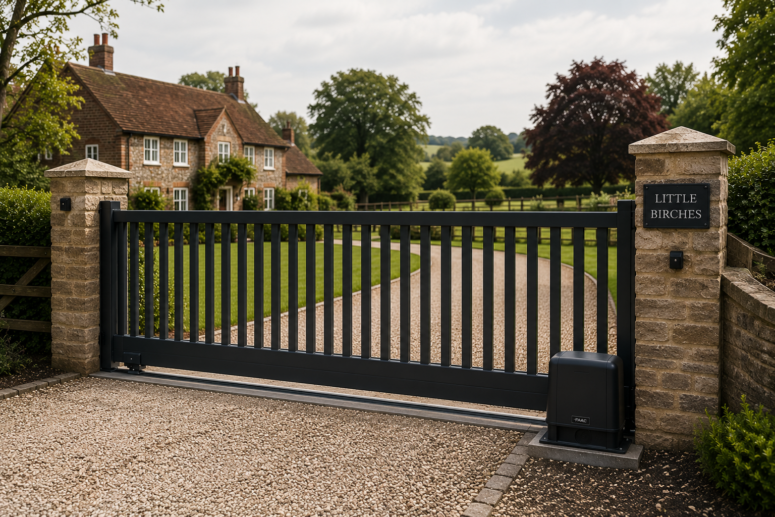 Black metal driveway gate between stone pillars with a house and garden behind it.