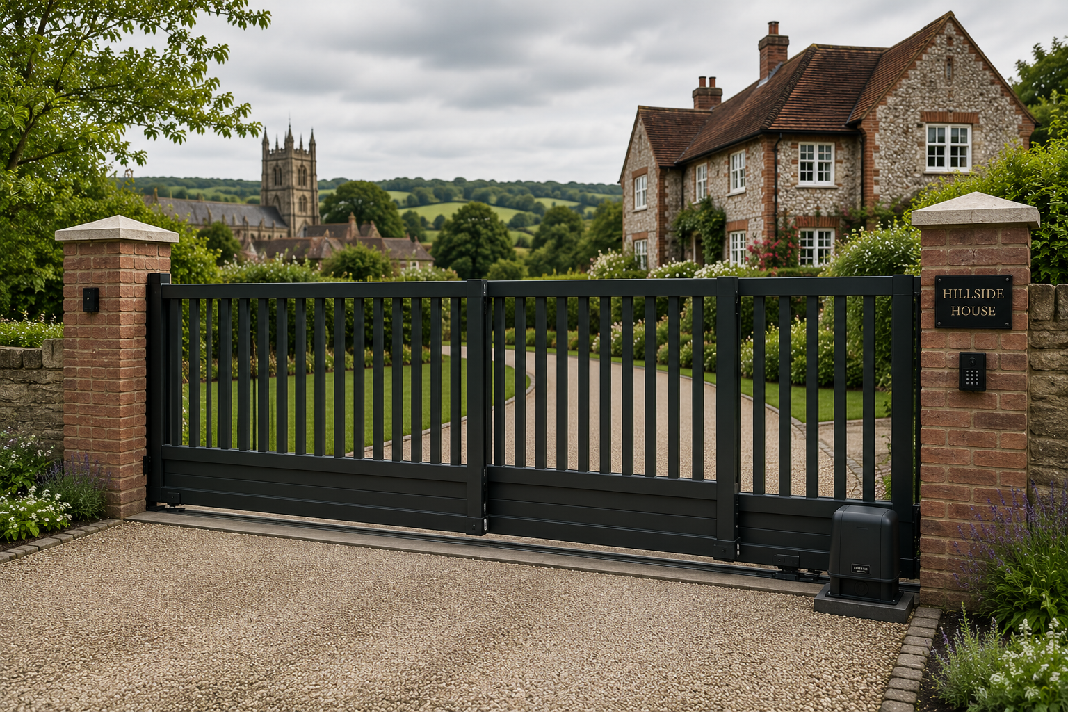 Black metal driveway gate in front of a brick house and countryside view