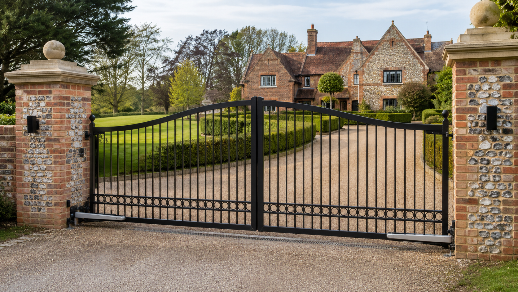 Black metal driveway gate with white wall and green trees behind it, beside a sidewalk