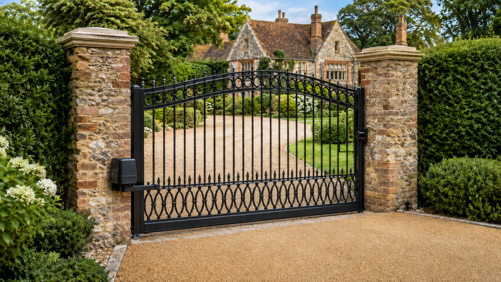 Black wrought-iron gate between stone pillars at a gravel driveway entrance, with a house beyond.