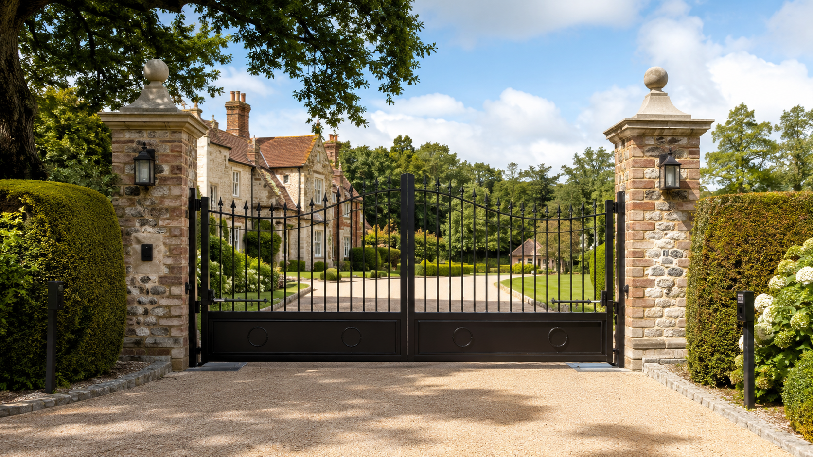 Gated stone entrance to a large country house with manicured hedges and trees
