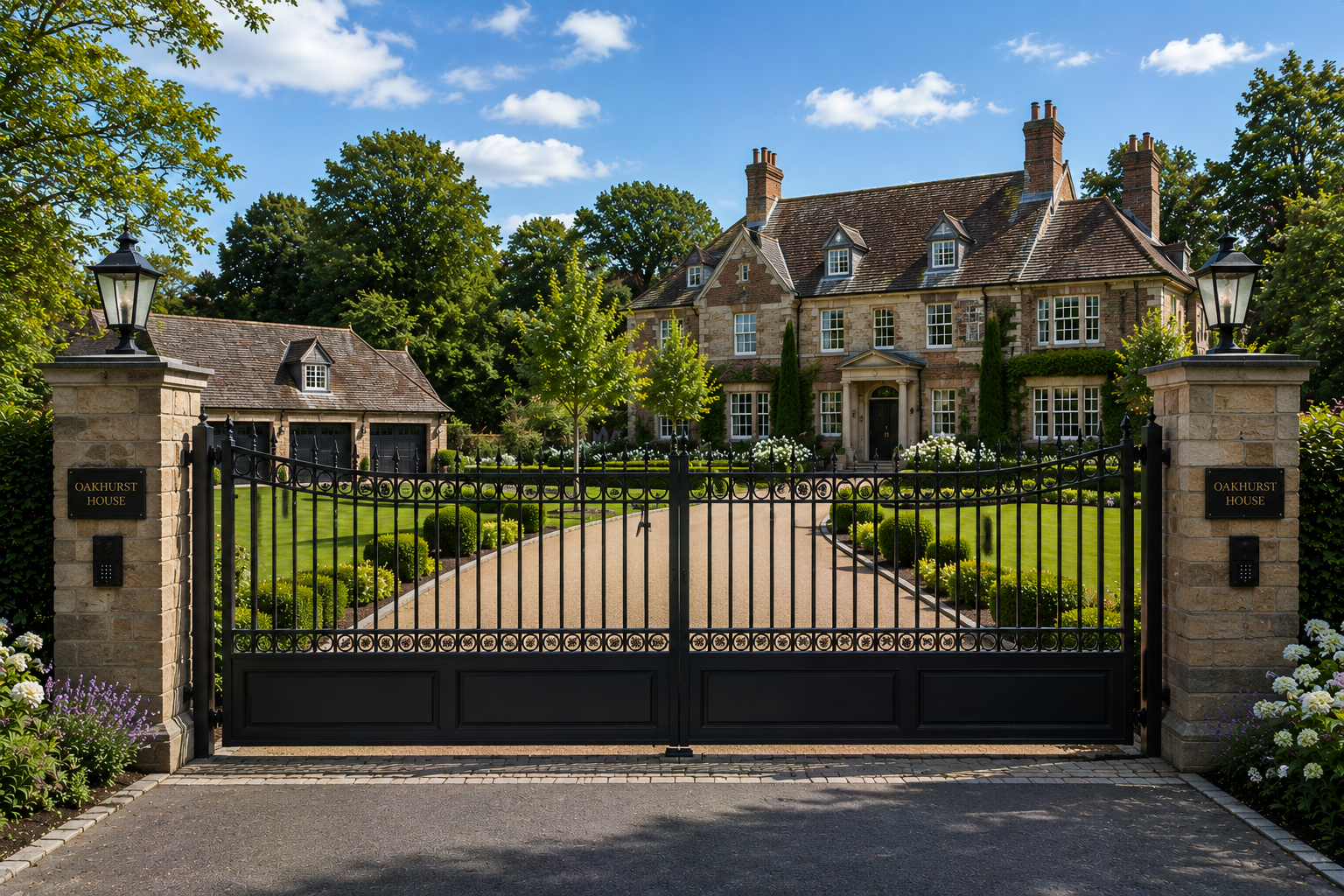 Modern gray metal driveway gate in front of a house, with slatted panels and stone pillars