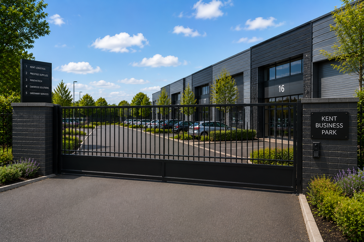 Modern black metal gate and fence at a gated office entrance on a sunny day