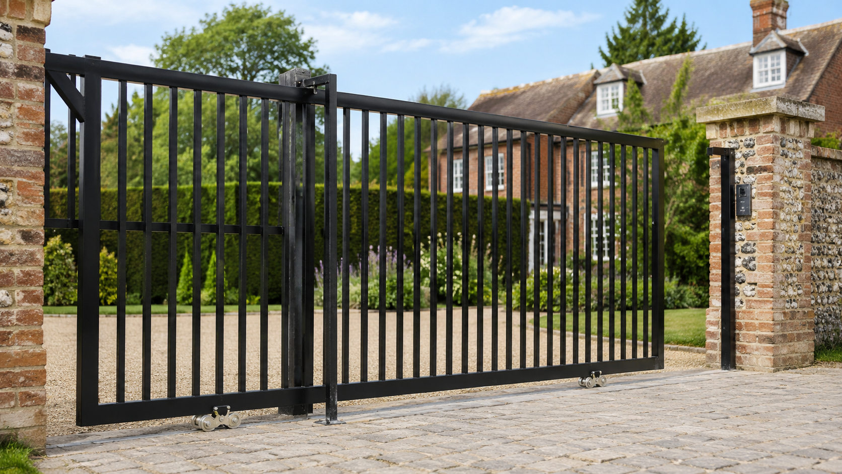 Black metal sliding gate beside a white wall, with greenery behind it on a sunny day