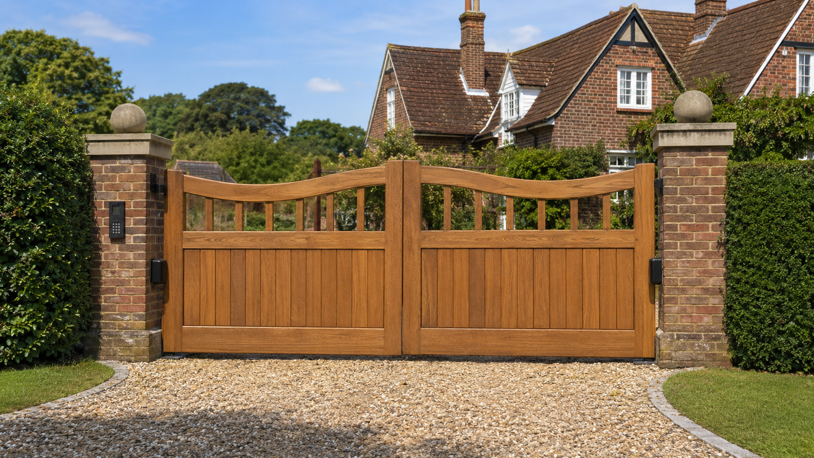 Wooden driveway gate between brick pillars in front of a brick house with a gravel driveway