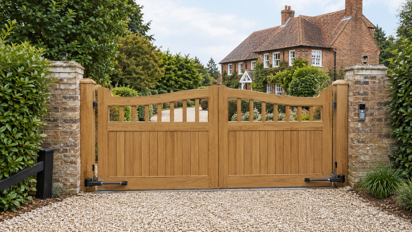 Wooden driveway gate between stone pillars in front of a country house