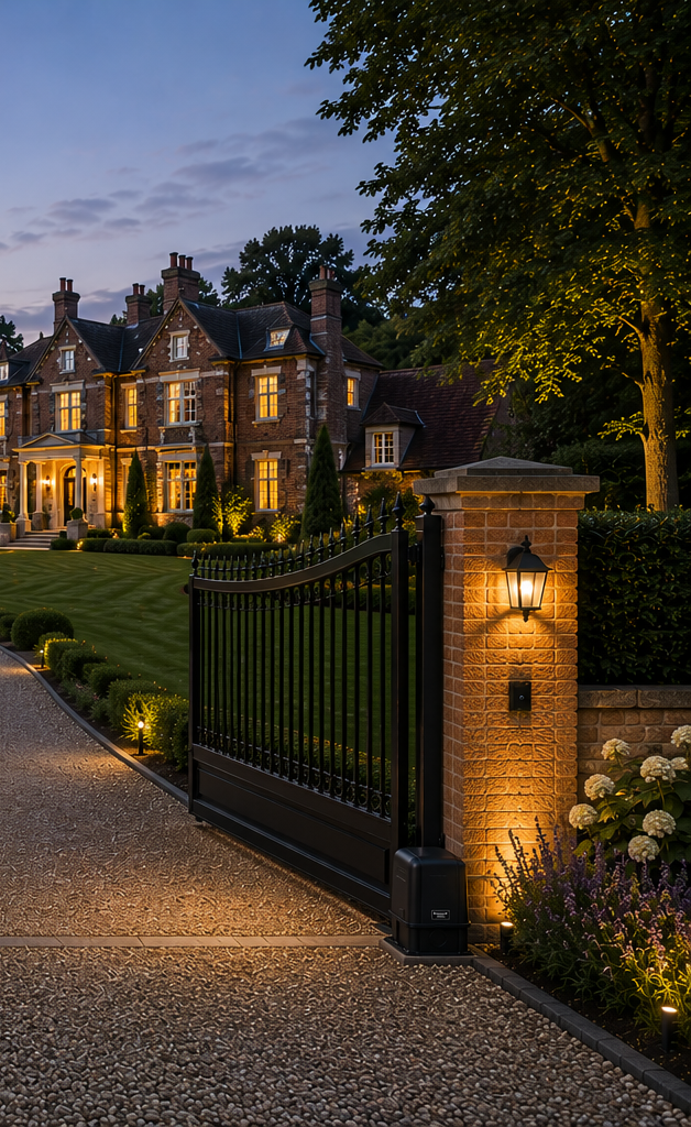 Lit stone manor at dusk behind a black iron gate, with glowing path lights and landscaped garden.