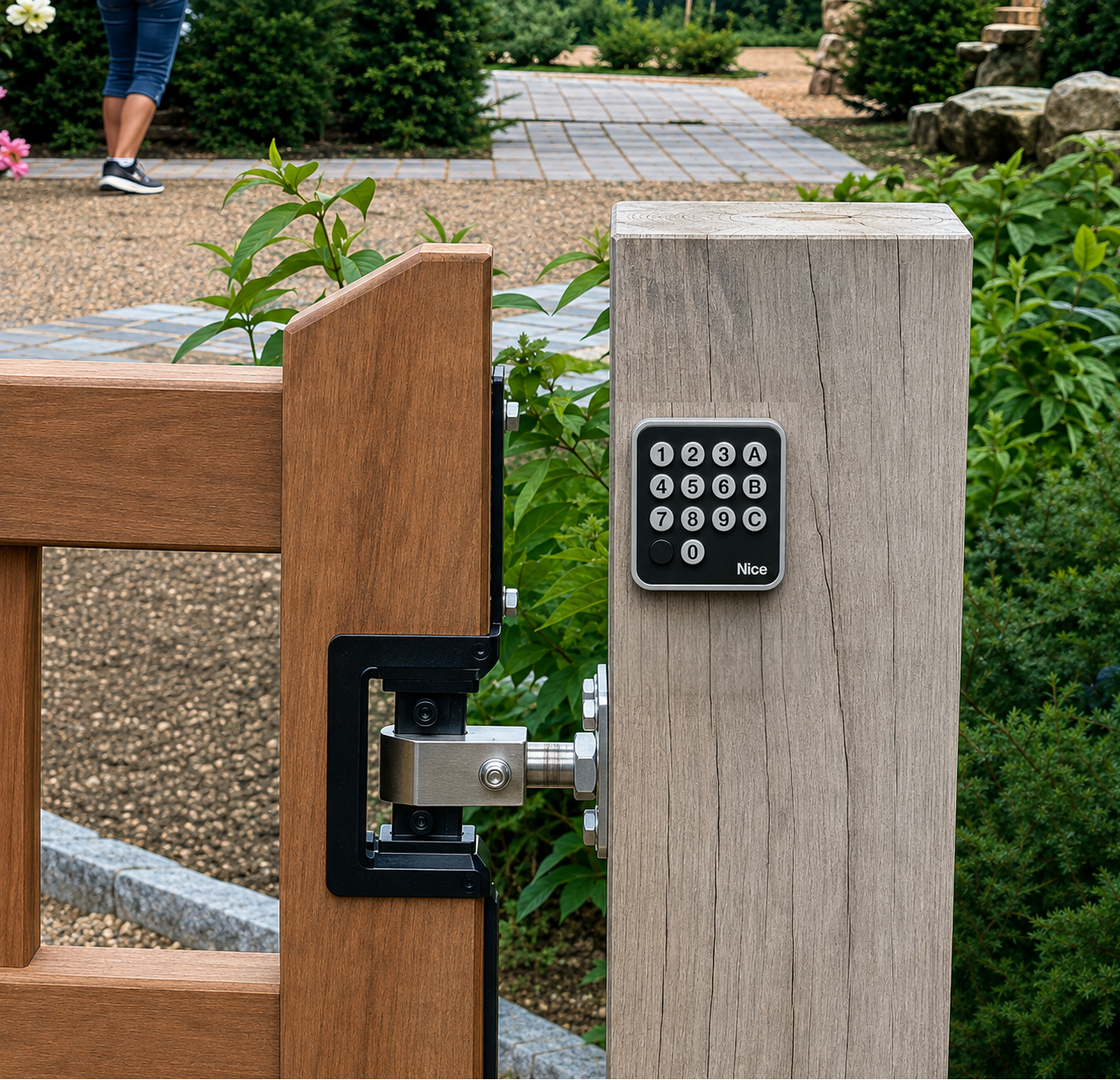 Keypad entry system fitted beside an automated iroko gate in Ashford