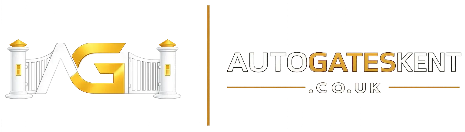 AutoGatesKent logo with gold gate design and grey text on white background