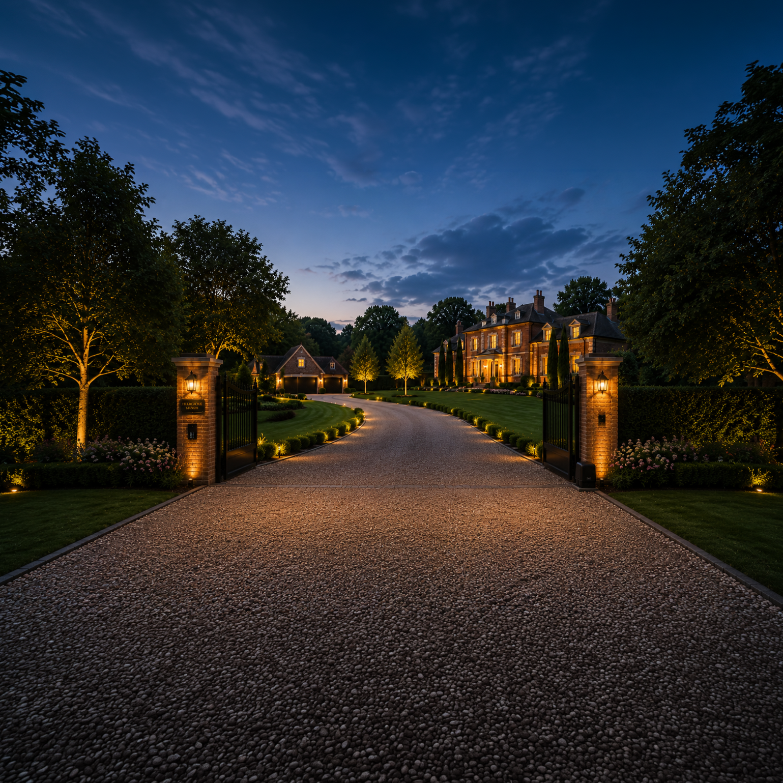 Illuminated gravel driveway leading to a large lit estate at dusk, with trees and stone gateposts