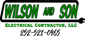 Logo for Wilson and Son, Electrical Contractor, LLC, with a phone number. Green text on white background with a black border.