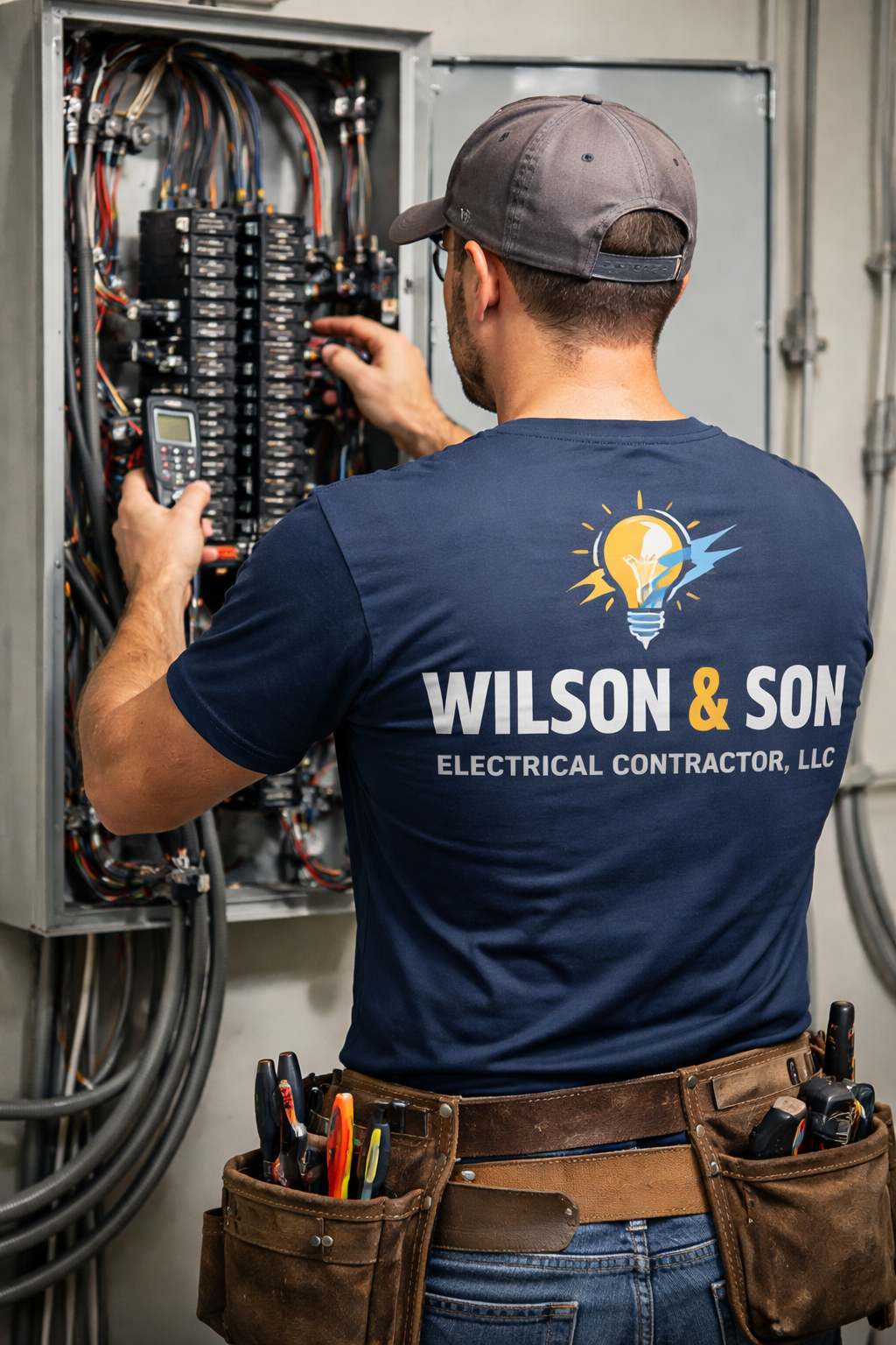 Electrician working on a circuit breaker panel, wearing a work shirt and tool belt.