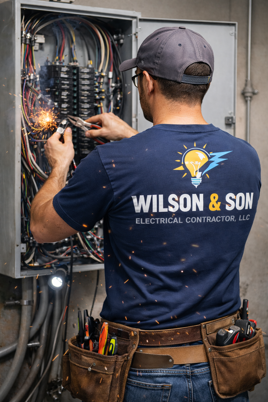 Electrician working on a circuit breaker panel, sparks flying. Wearing a hat and Wilson & Son Electrical shirt, tool belt.