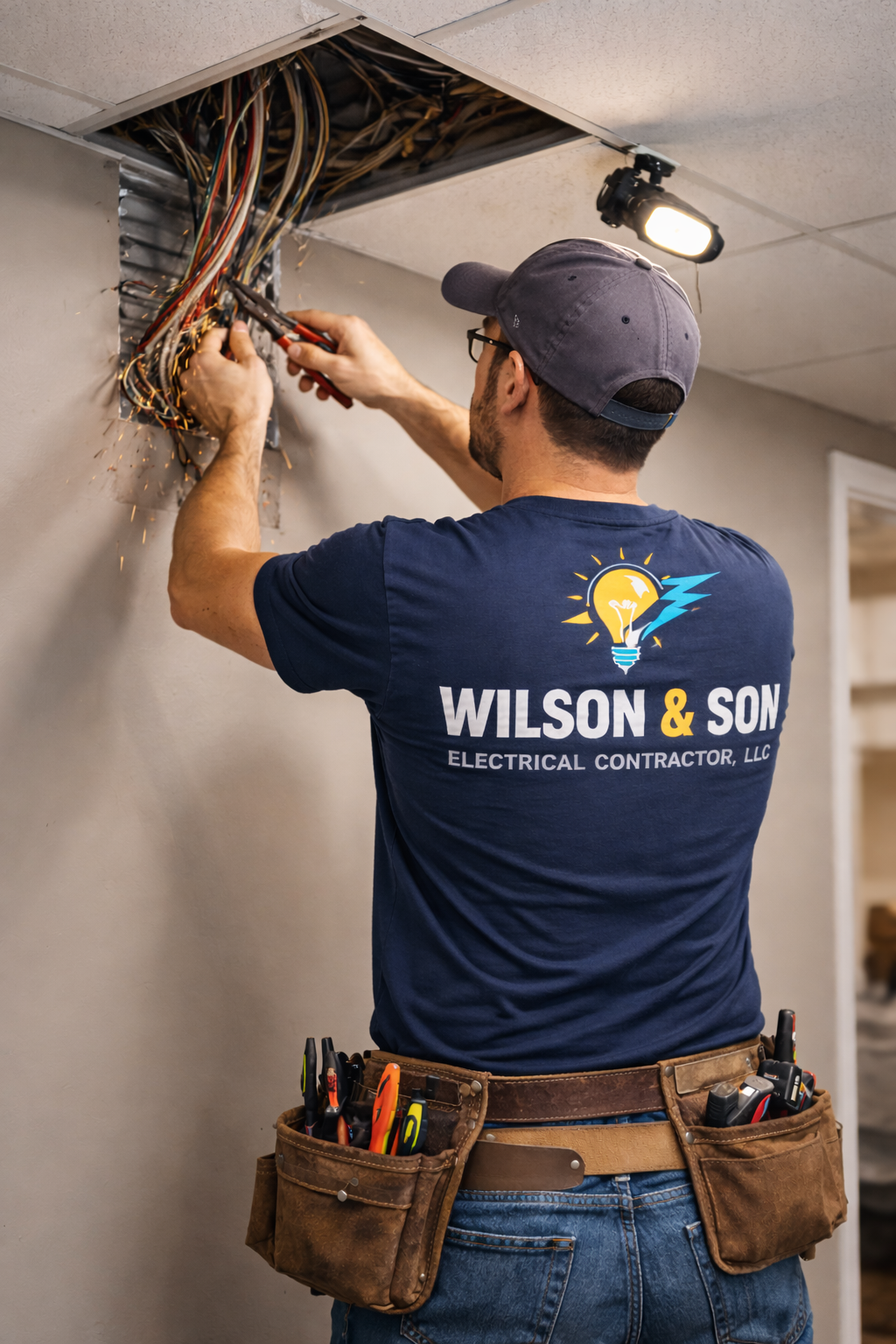 Electrician working on wiring in a ceiling. He wears a blue shirt with company logo and a tool belt.