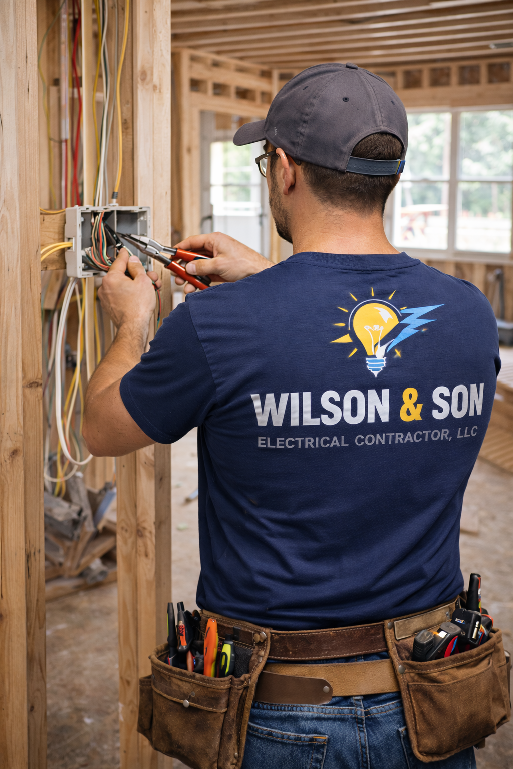 Electrician working on wiring in a framed building. Wears a blue shirt, cap, and tool belt.