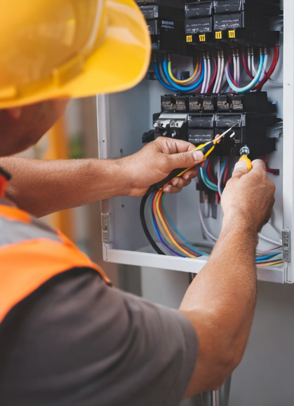 Electrician working on a circuit breaker panel, wearing a yellow hard hat and orange vest.