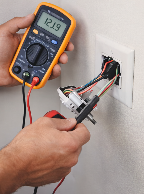 A person using a multimeter to test electrical wires inside a wall outlet; the meter reads 121.9 volts.