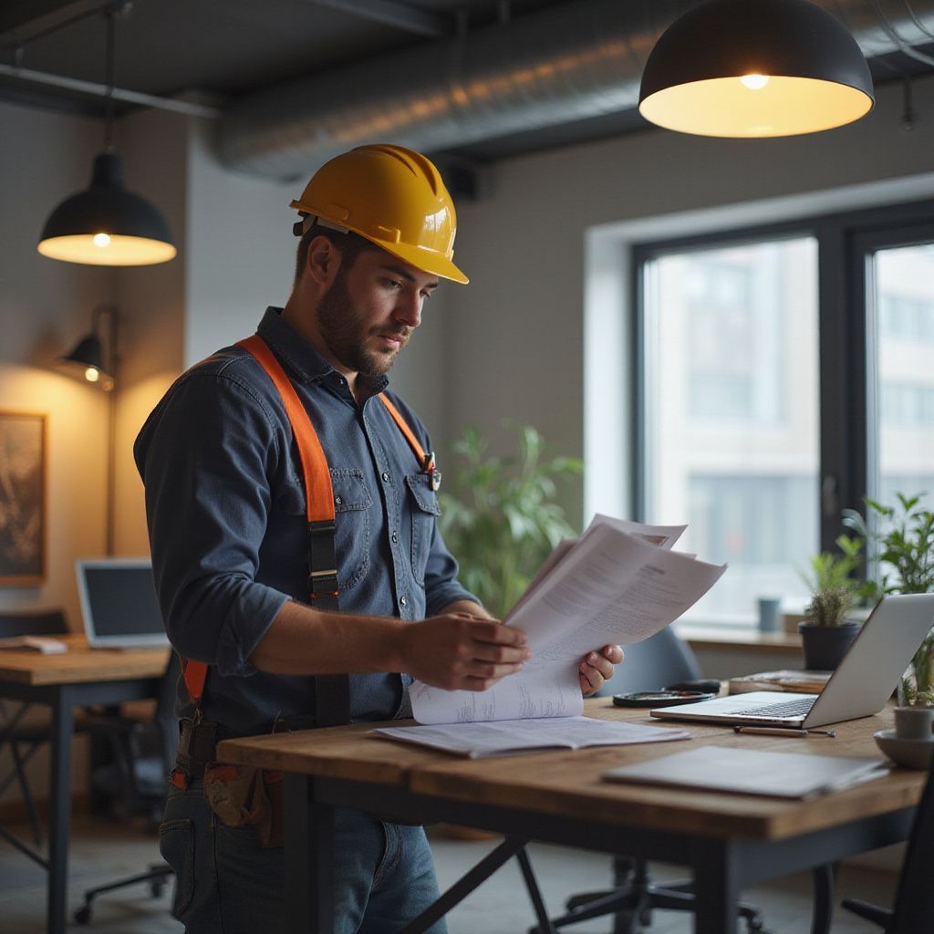 Construction worker in a yellow hard hat reviewing blueprints at a desk in an office.