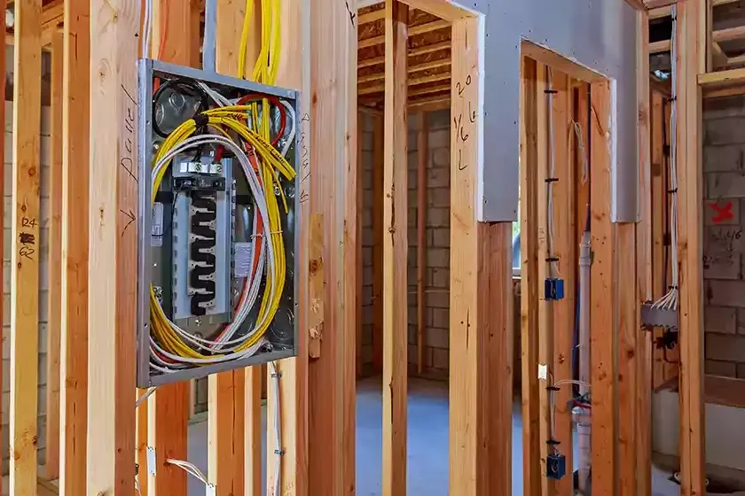 Electrical panel and wiring installed in the wooden frame of a building under construction.