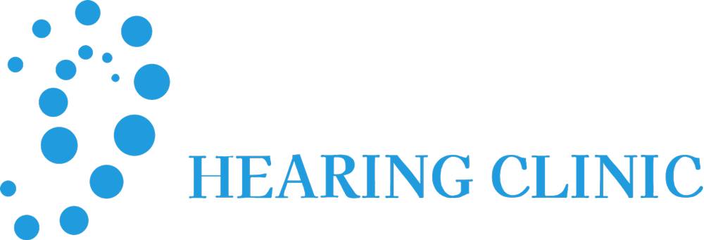 Blue dotted logo with the words “HEARING CLINIC” in light blue text.