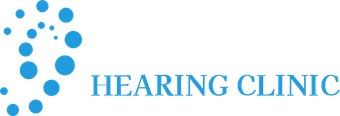 Blue dotted logo with the words “HEARING CLINIC” in light blue text.