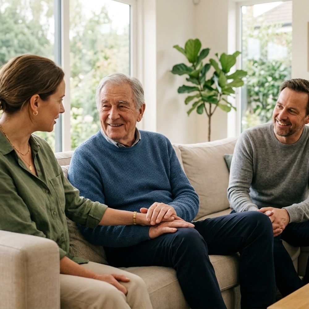 Three people sit chatting on a beige sofa in a bright living room.
