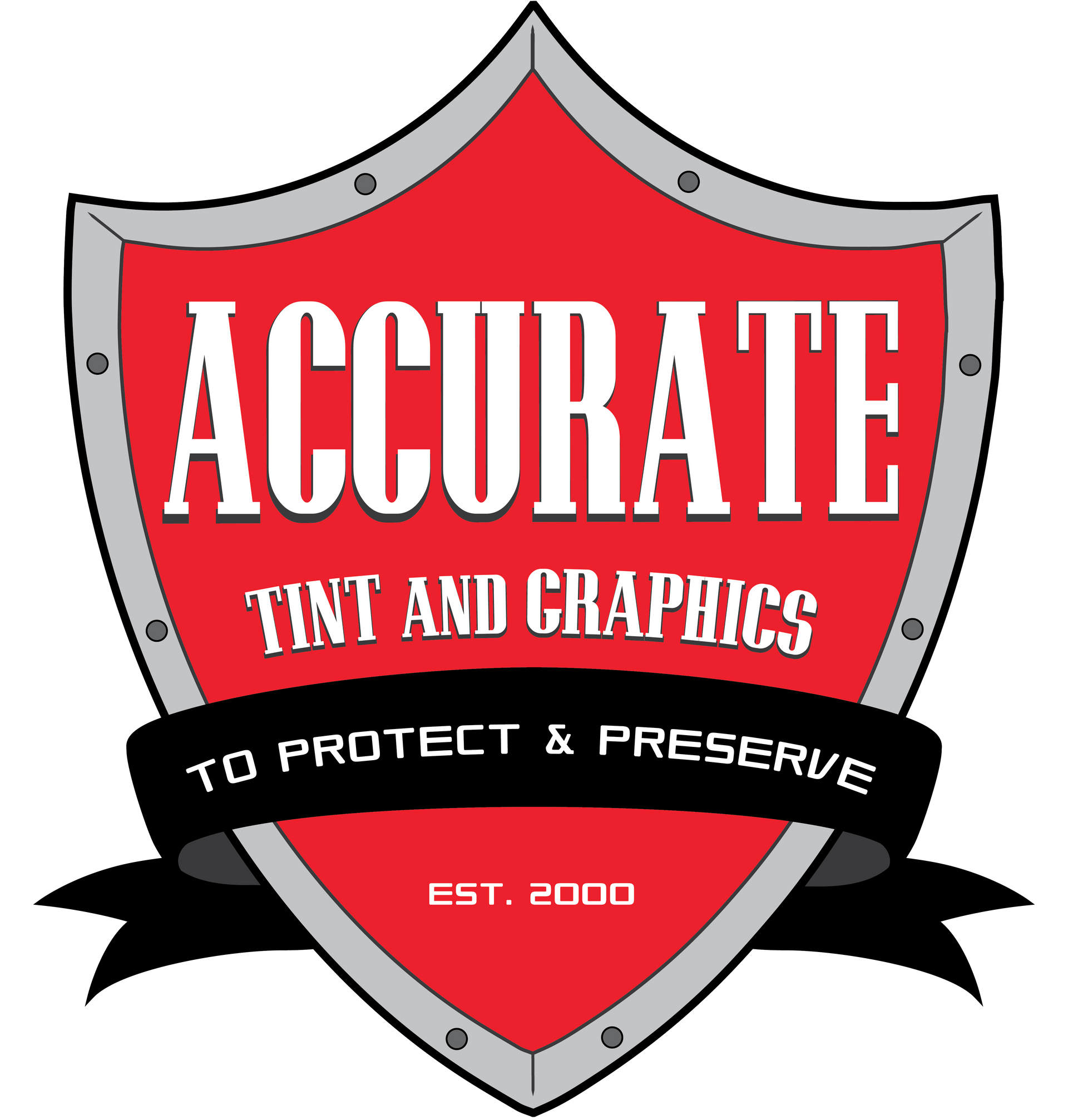 A red shield with the words accurate tint and graphics on it