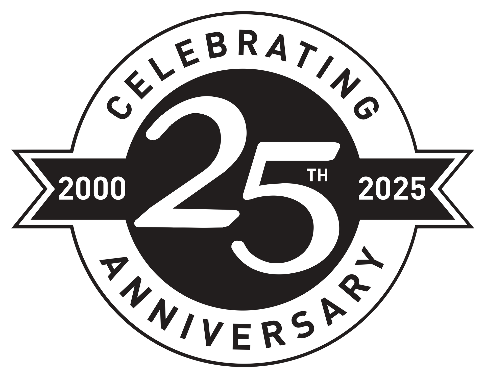A black and white logo that says celebrating 25th anniversary