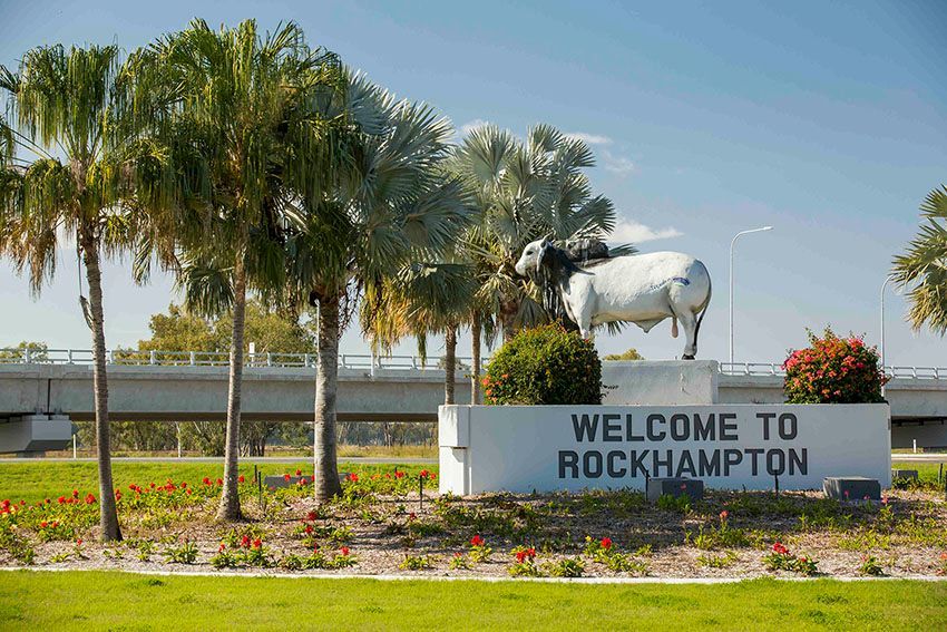 A Welcome to Rockhampton Sign With a Statue of a Goat — Hardarc Engineering in Rockhampton, QLD