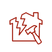 Red outline of a house, split by a crack and hammered by a tool.