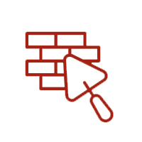 Red outline of brick wall and trowel, construction icon.