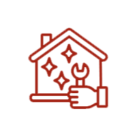 House with stars, hand holding a wrench; home repair or maintenance.