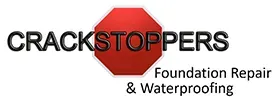 Logo for Crackstoppers: Black text, a red octagon, and the words 