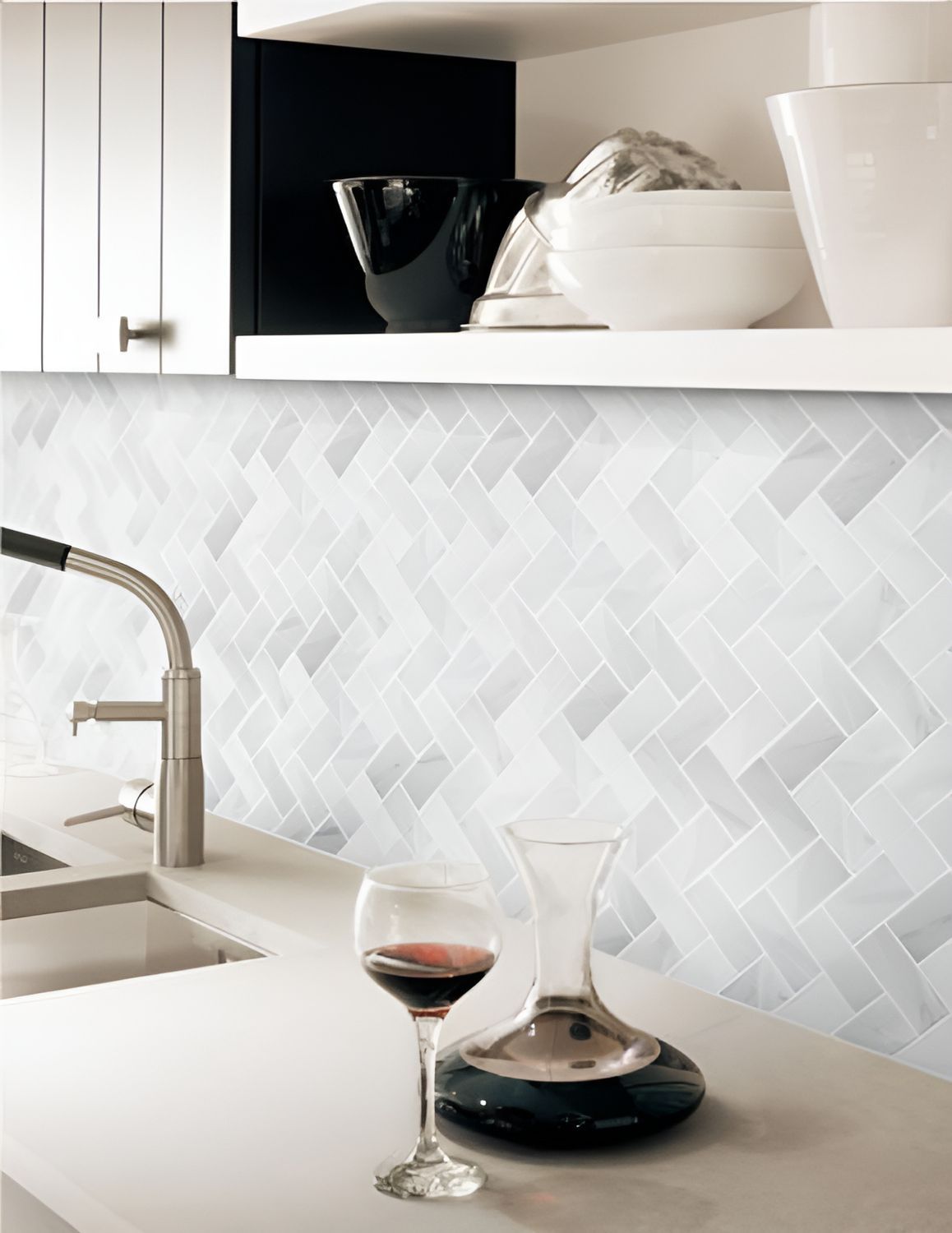 A Kitchen Counter With A Glass Of Wine And A Decanter On It — Mid Coast Tiles Urunga In Urunga, NSW