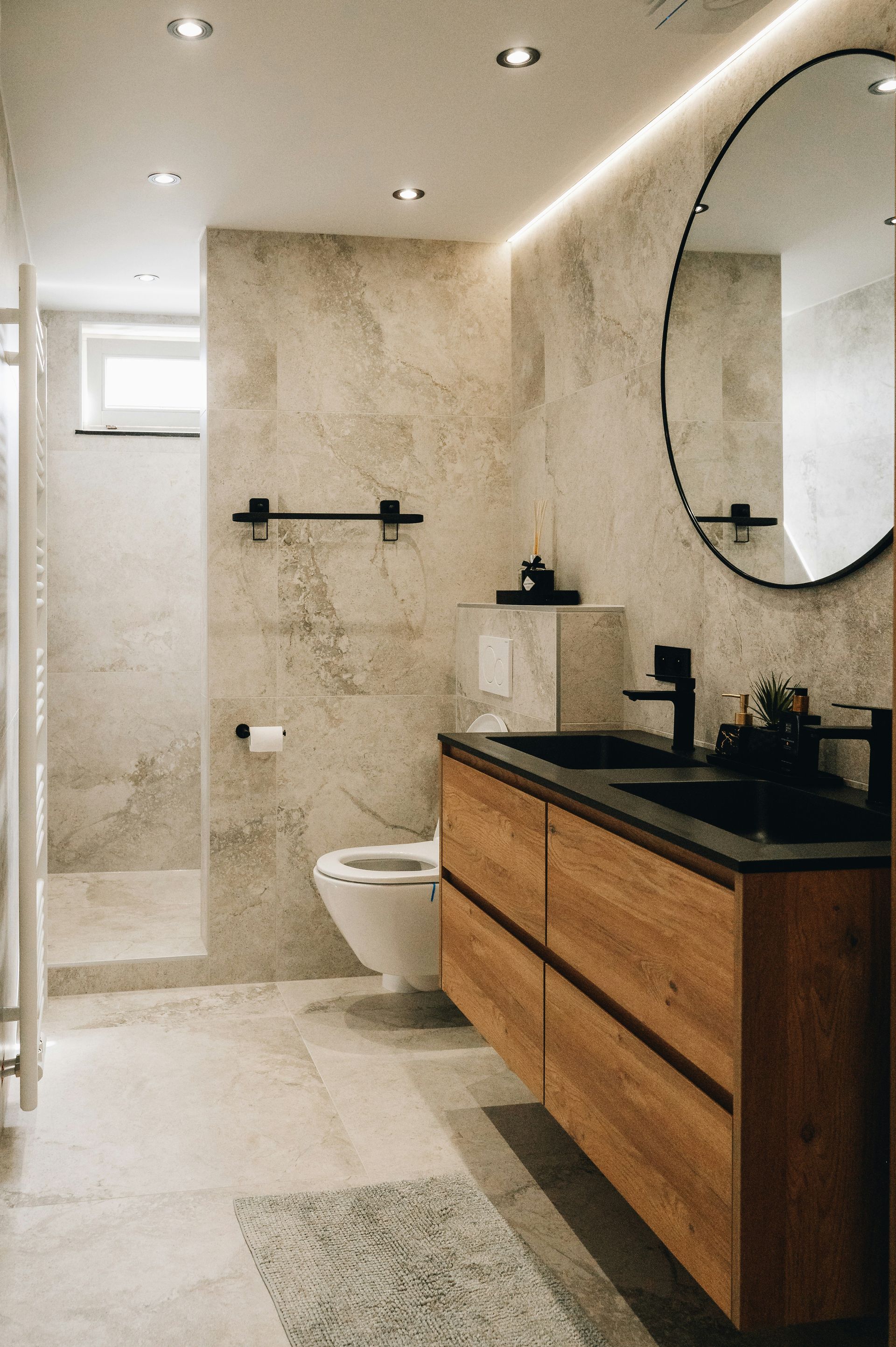 Modern Bathroom With Wood Vanity — Mid Coast Tiles Urunga In Urunga, NSW
