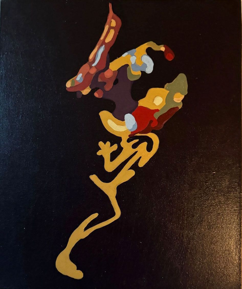 A painting of a colorful figure on a black background