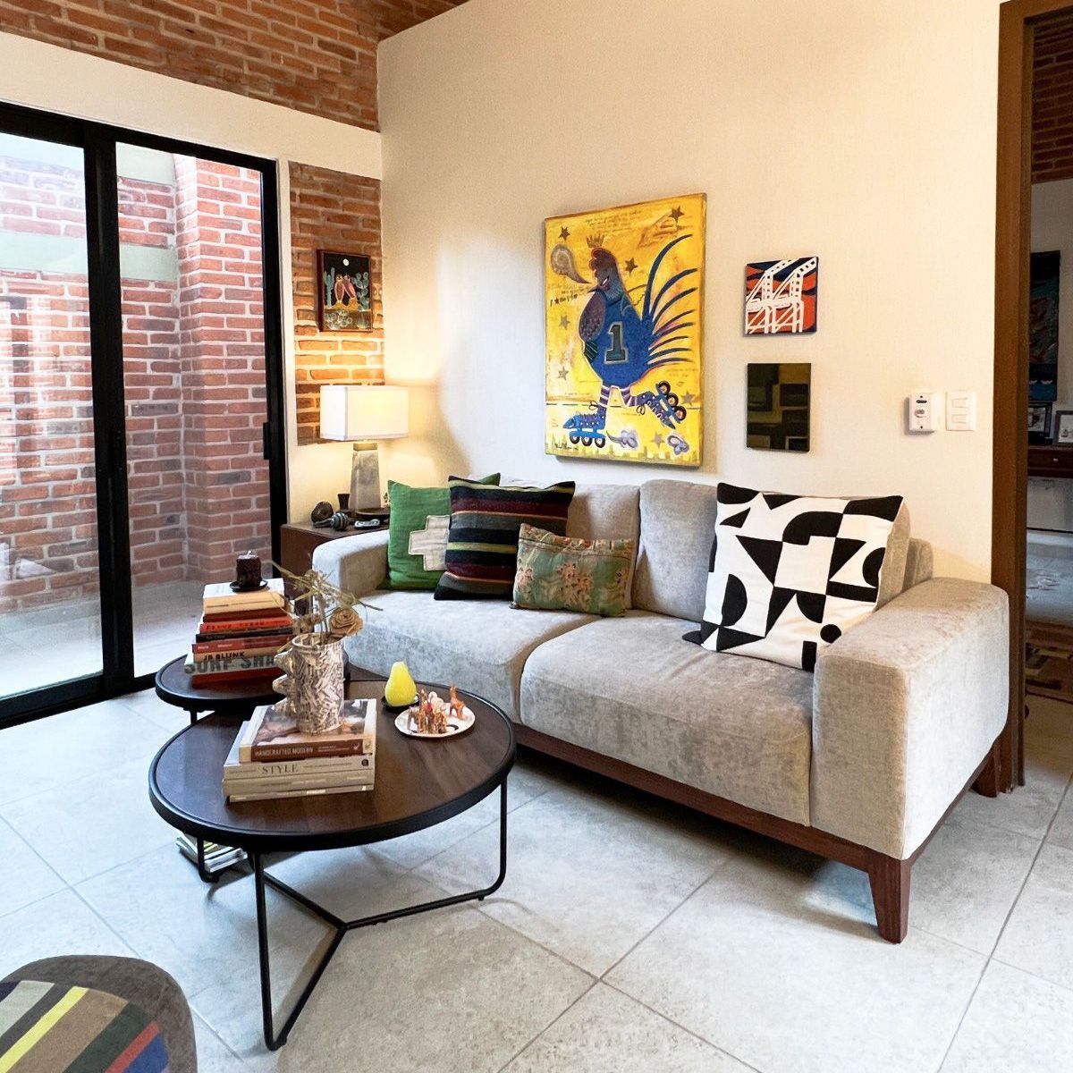 A living room with a couch and a coffee table