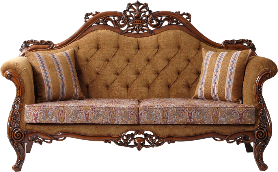 Ornate brown sofa with tufted back and patterned cushions, set against a white backdrop.