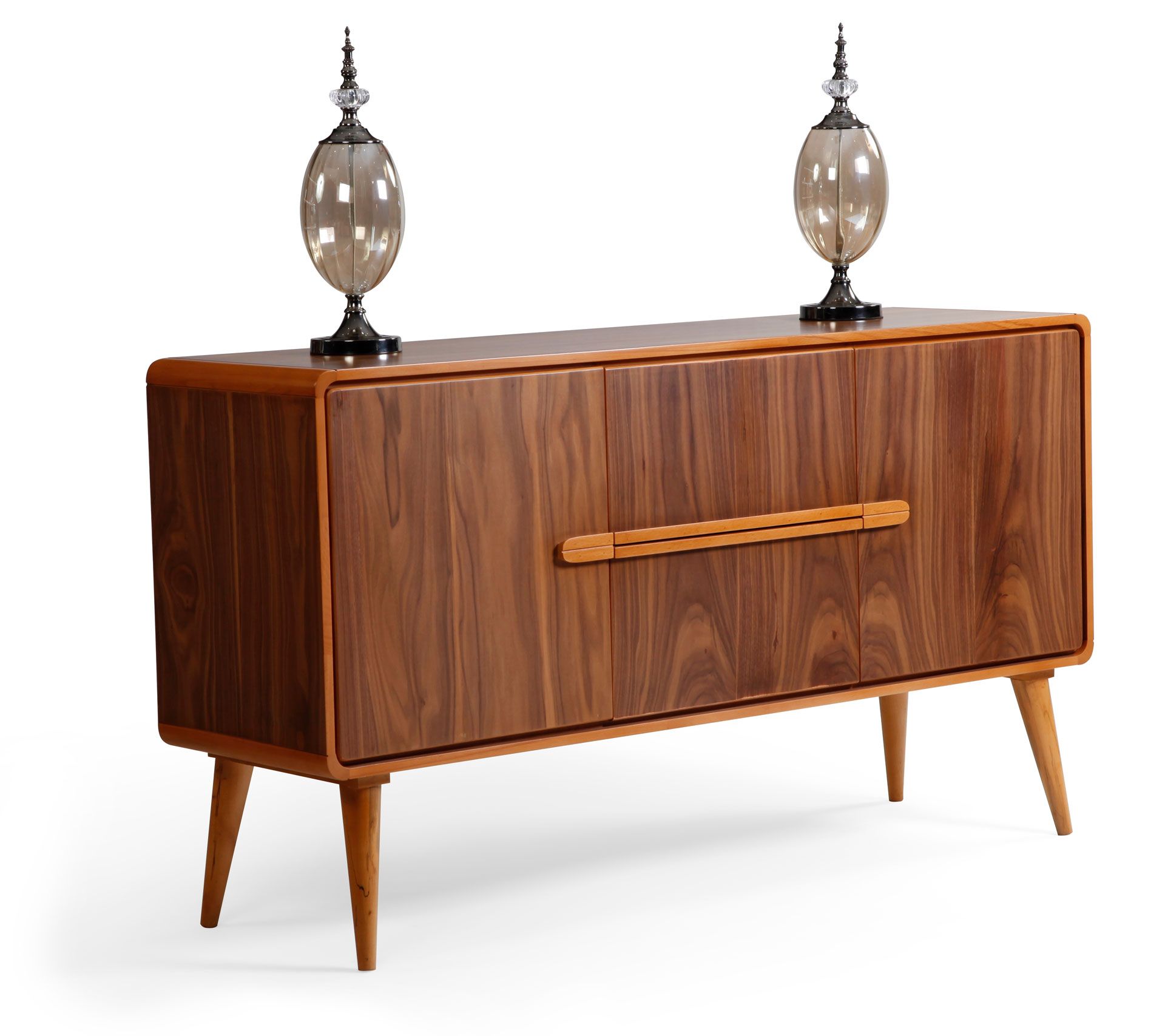 Wooden mid-century modern sideboard with two decorative glass ornaments on top.