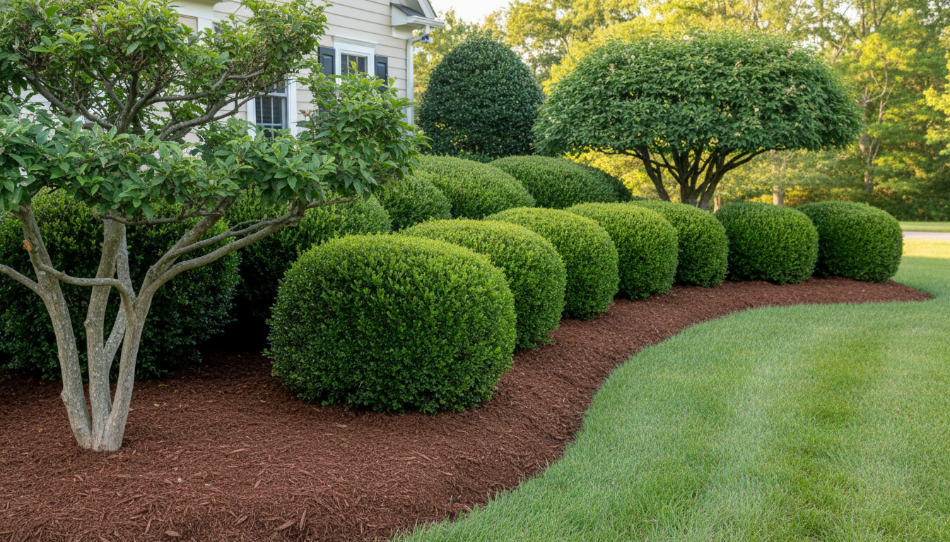 Row of rounded green bushes lined with brown mulch next to a grassy lawn.